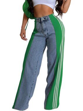 Two Tone Patchwork Striped Denim Jeans | Color Block Wide Leg Trousers for Women